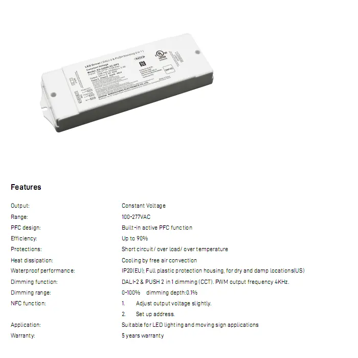 60 W pastovios įtampos DALI CCT pritemdymo LED tvarkyklė
