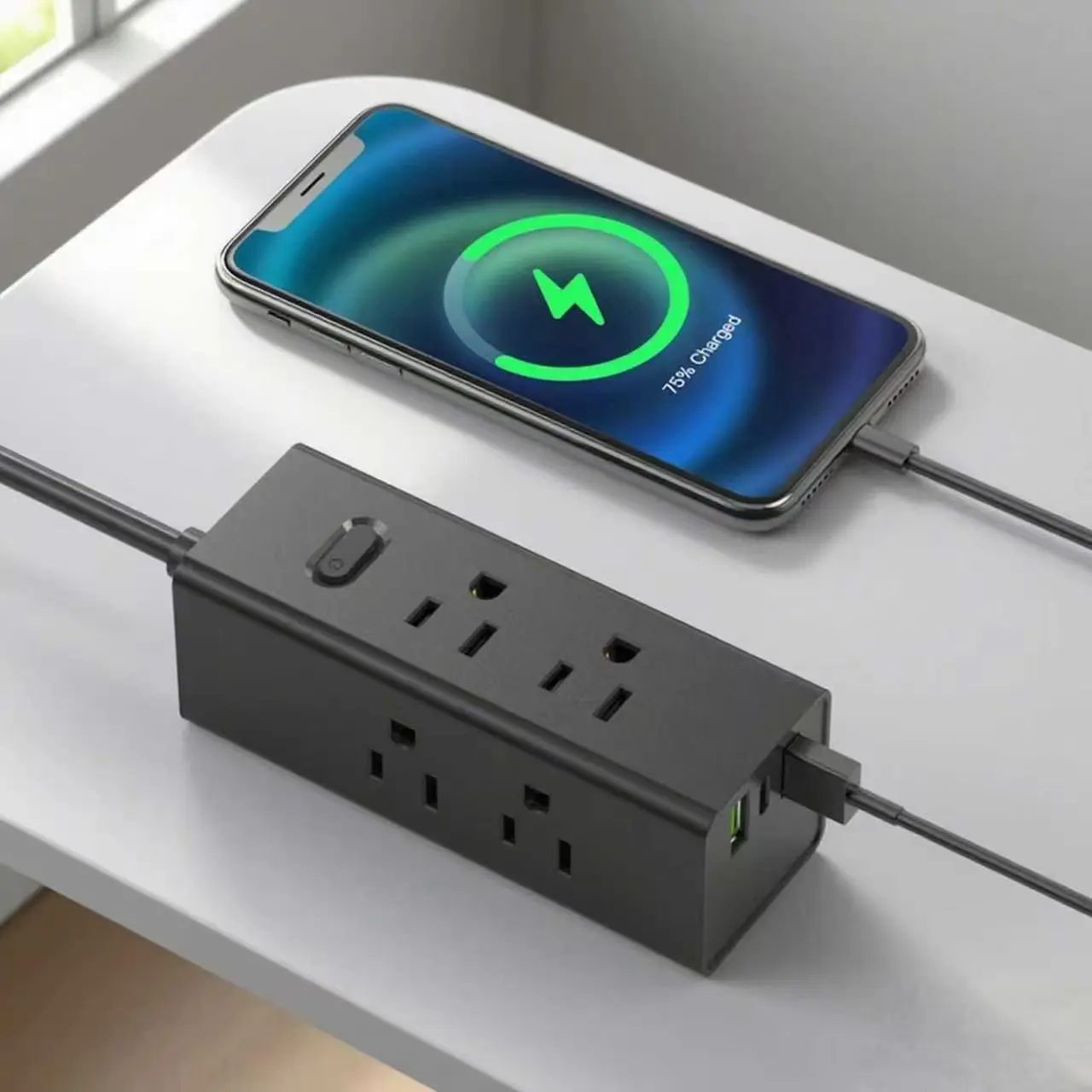 JAV maitinimo juosta su USB plokščio kištuko ilgintuvu kelioninė maitinimo juosta
